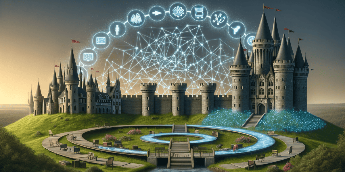 Fantasy castle with digital network and icons, 2022