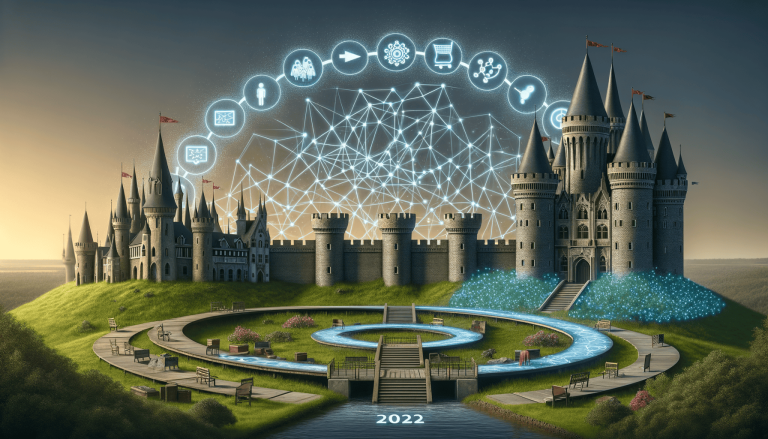 Fantasy castle integrated with glowing digital network, icons, and 2022.