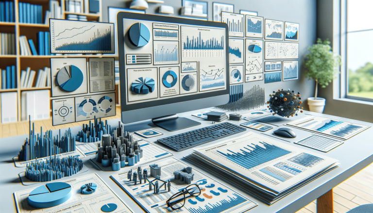 Desk full of data visualisations, charts, and graphs.