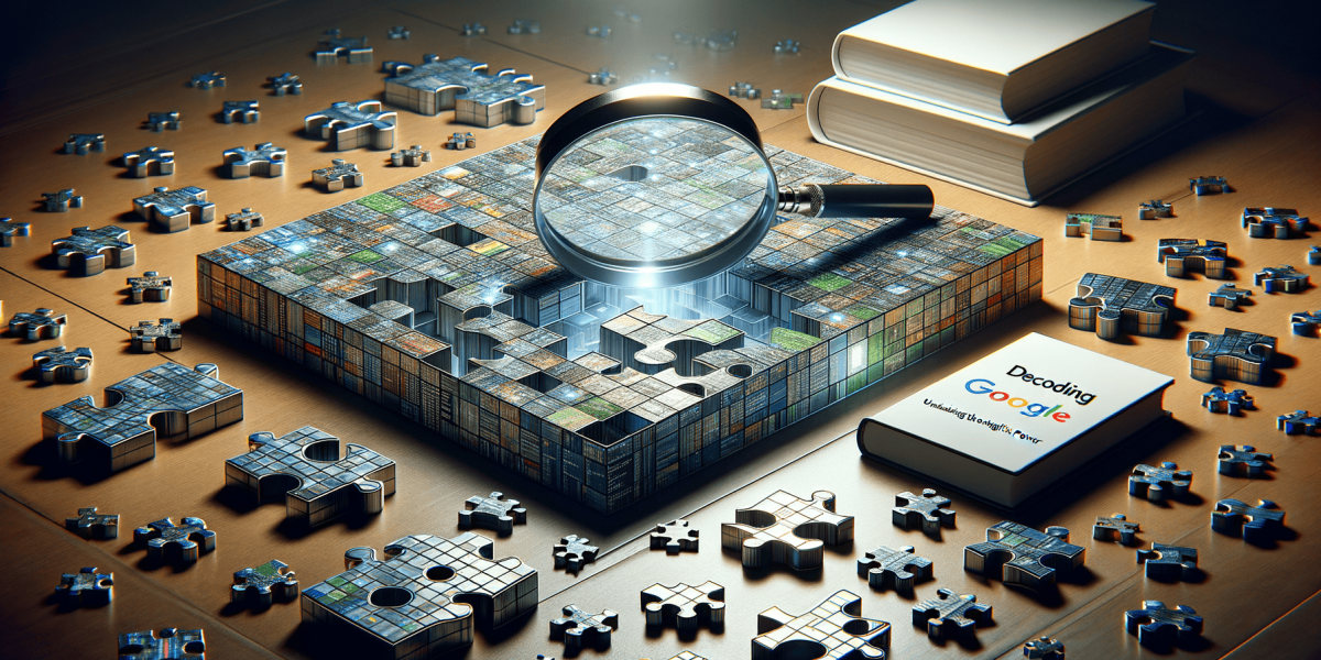 Decoding Google: Magnifying glass over digital data puzzle.
