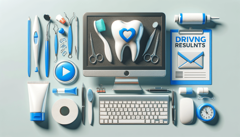 Digital dental care concept with tools, computer, and results.