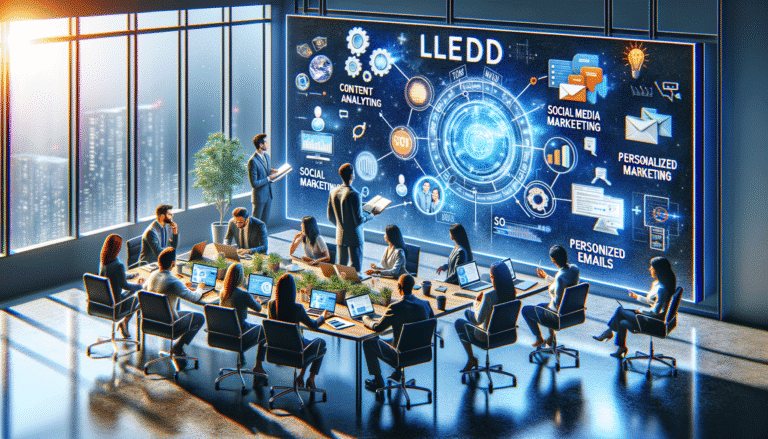 Business meeting in modern office with digital marketing presentation screen.