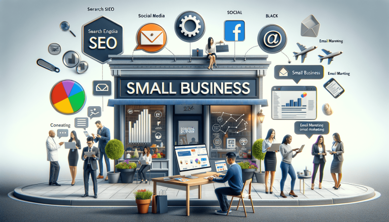 Small business digital marketing: SEO, social media, email, and analytics.