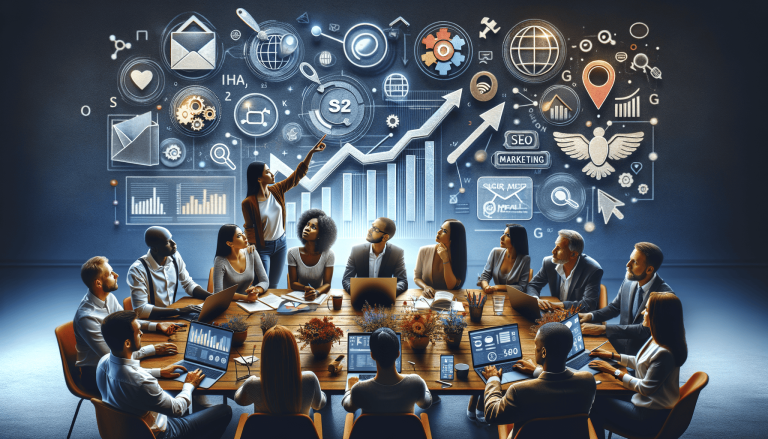 Diverse business team meeting, woman presenting digital marketing strategy data.