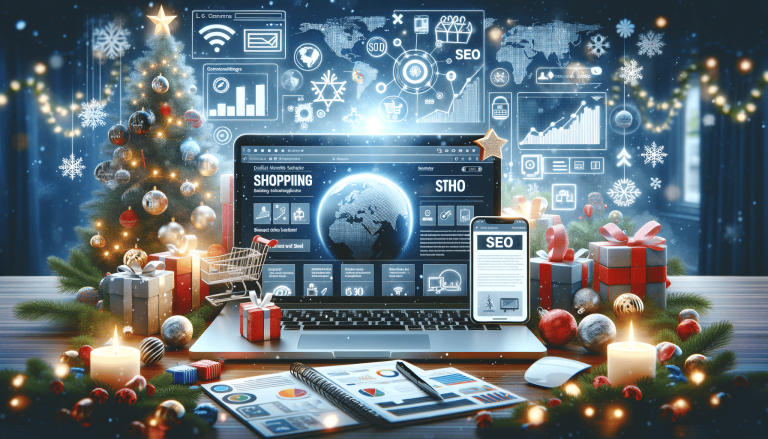 Festive desk with laptop, phone, shopping, and SEO visuals.
