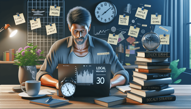 Man focused on laptop at desk with strategy notes and books.