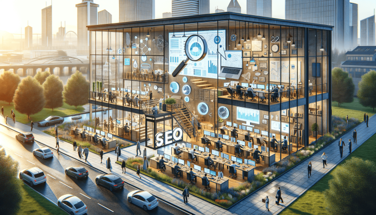 Glass SEO office building, people working, data screens in city.
