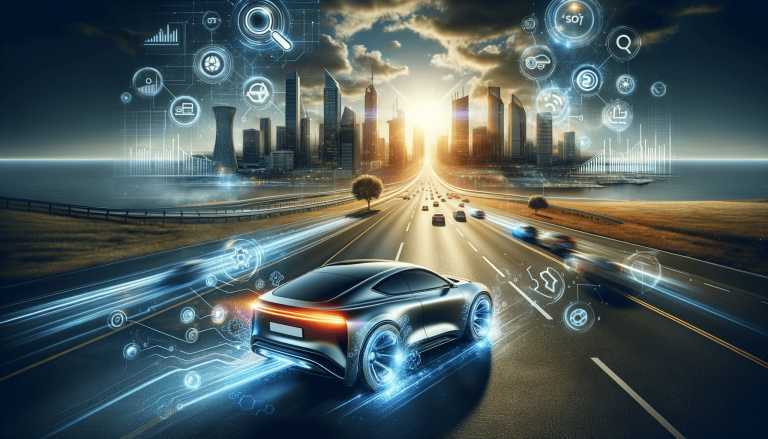 Futuristic car, glowing digital network, smart city skyline at sunset.