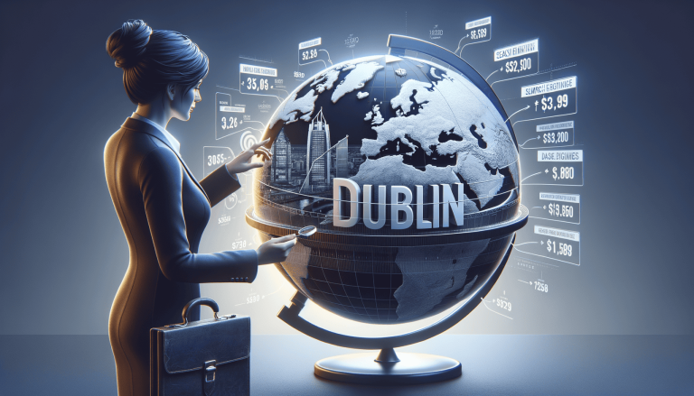 Businesswoman analysing global data on a holographic Dublin globe.