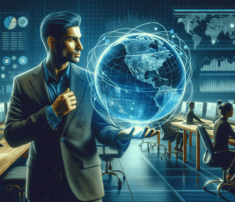 Businessman holding digital globe in tech office.