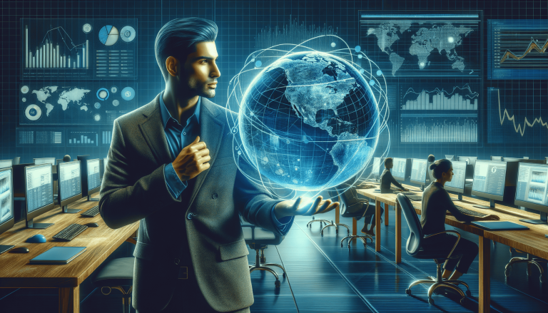 Businessman holding glowing holographic globe in a data centre.