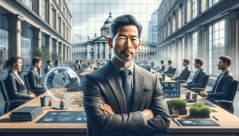 Businessman in suit at modern global business meeting.
