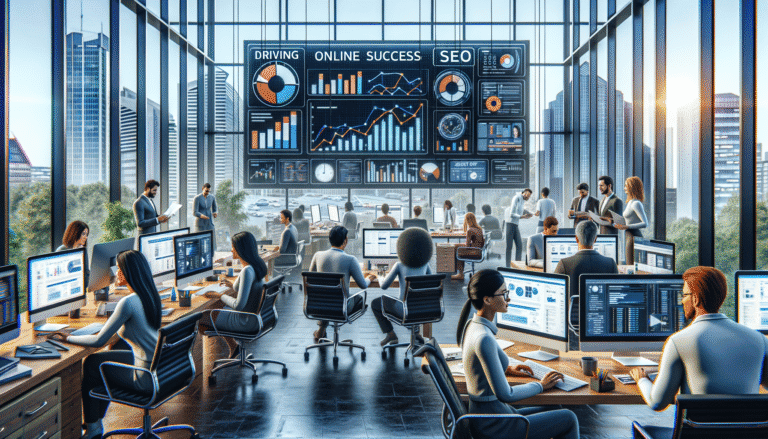 SEO online success data analytics in a busy modern office.