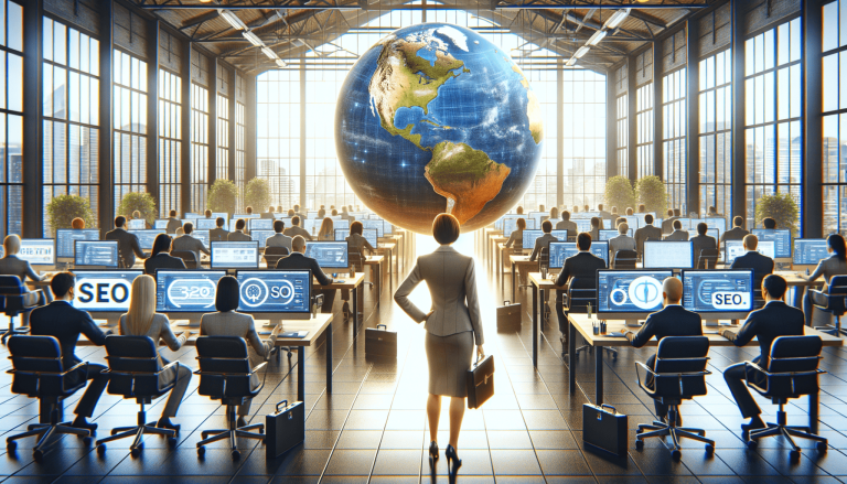Global SEO team optimising strategies in a modern office.