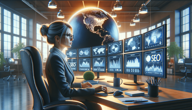 Woman monitoring global SEO data on multiple screens.