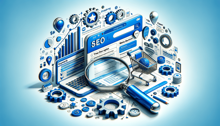 SEO strategy illustration with laptop, magnifying glass, and marketing icons.