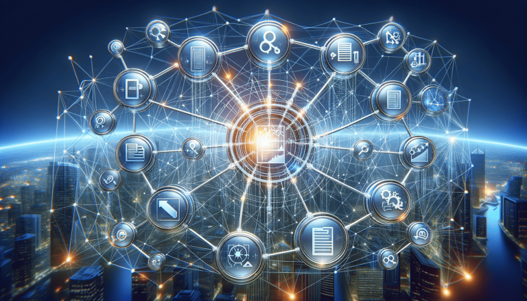Global network of digital icons over a futuristic city skyline.