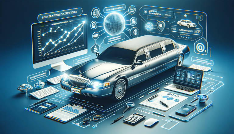 Limousine surrounded by digital marketing and business strategy tools.