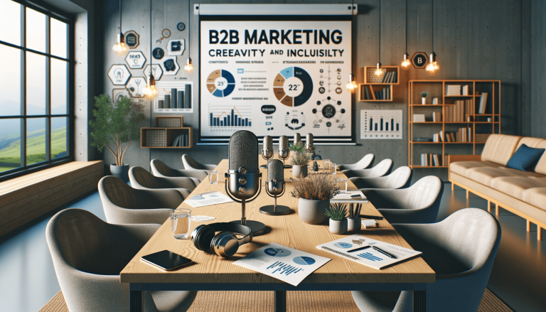 Meeting room with B2B marketing presentation, microphones and analysis charts.