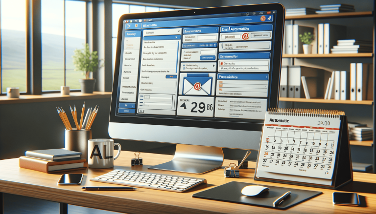 Office desk with computer, email client, calendar and supplies.