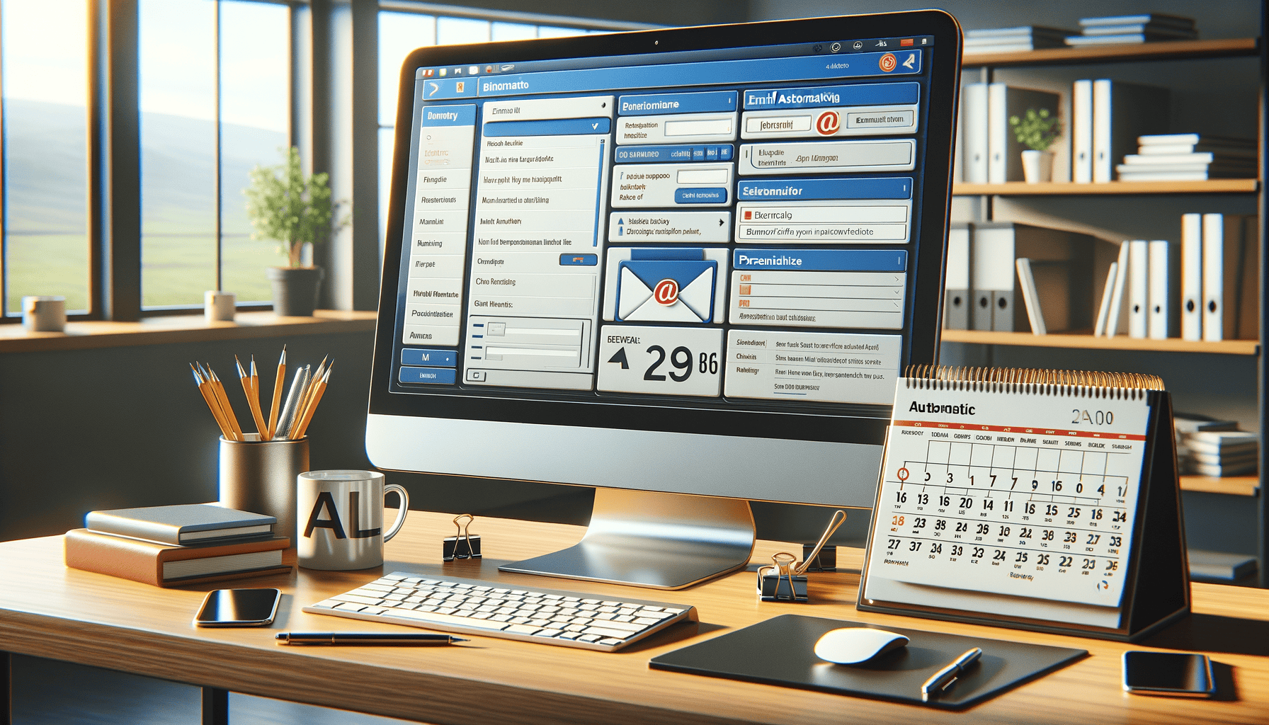 Office desk with computer and calendar