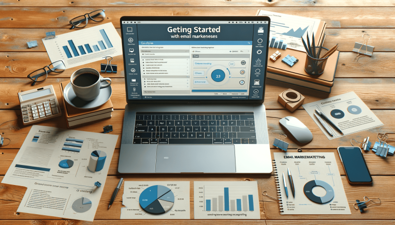 Laptop with email marketing software and business documents on desk.