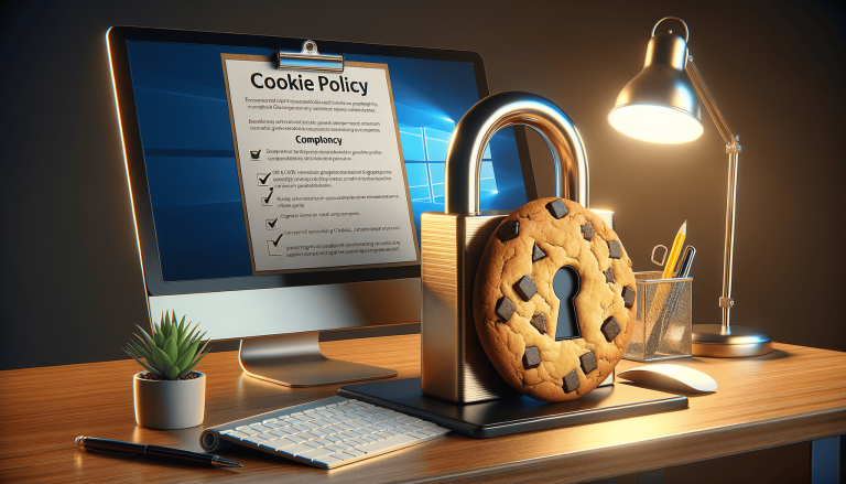 Cookie policy on screen, padlock with cookie keyhole. Data privacy.