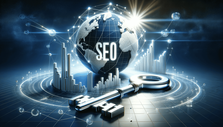 SEO globe, key, and rising data graphs.