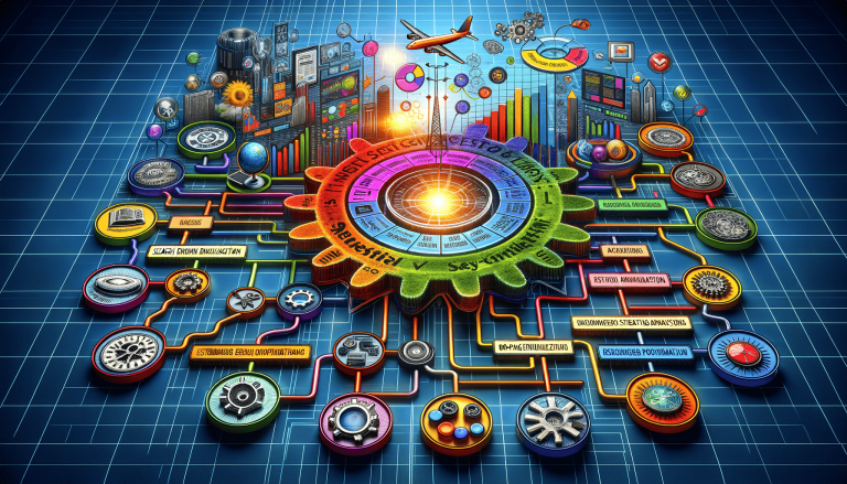Colourful abstract network of interconnected technology, data, and business concepts.