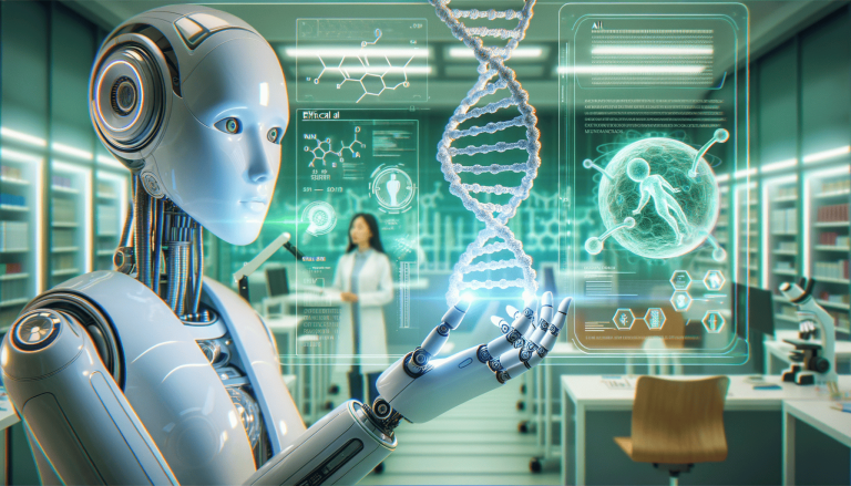 White robot holding glowing DNA strand in a futuristic lab.
