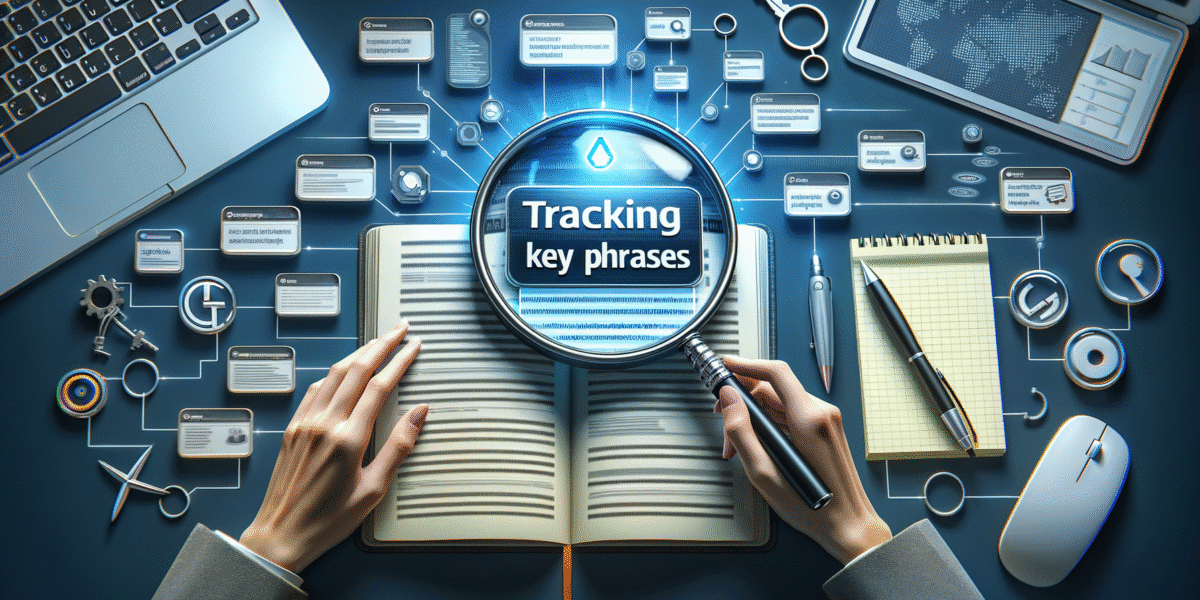 Magnifying glass over notebook tracking key phrases.