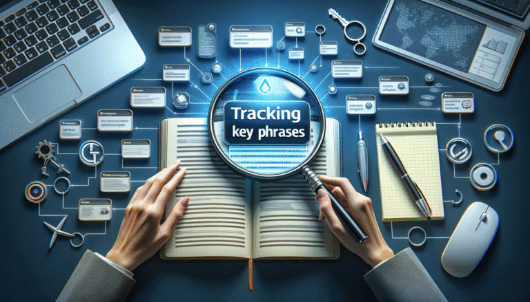 Magnifying glass tracking key phrases over book, digital content research.