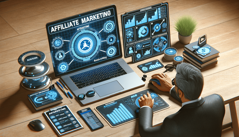 Businessman analysing affiliate marketing data on laptop and screens.