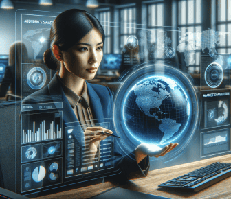 Woman analysing data on futuristic digital interface.