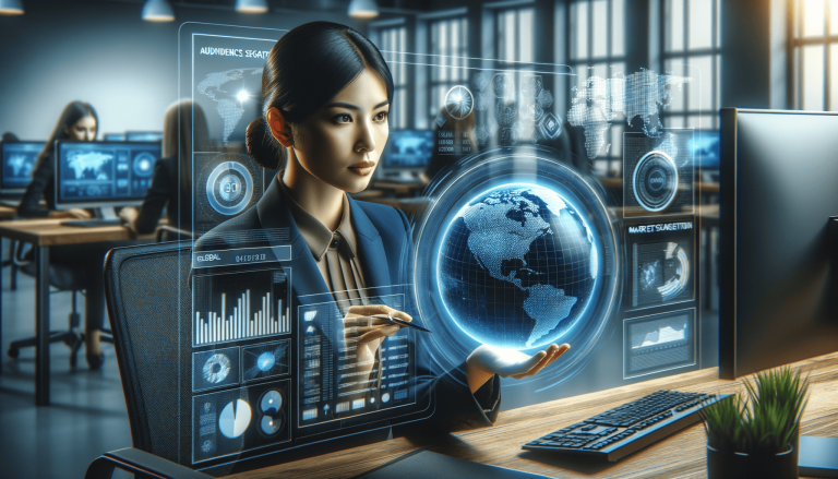 Woman interacting with holographic global data and business display.