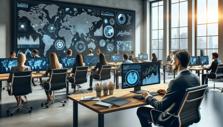 Professionals analysing global data in a high-tech operations room.