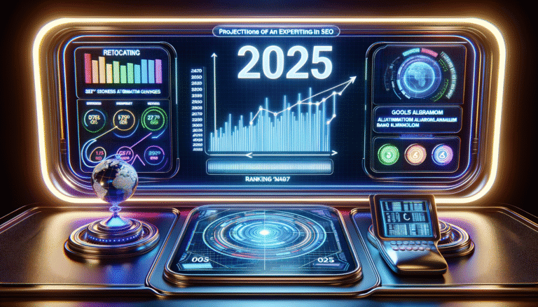 Futuristic SEO projections for 2025 on a digital display with globe.