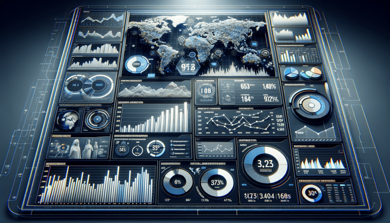 High-tech data dashboard with world map and various charts.