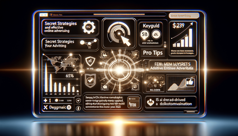 Glowing futuristic interface showing digital advertising analytics and strategies.