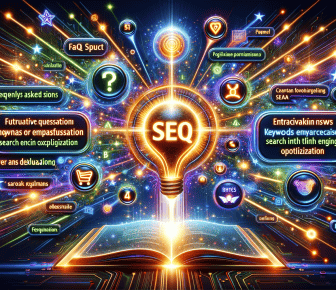 Colourful SEO concept with glowing keywords and symbols.
