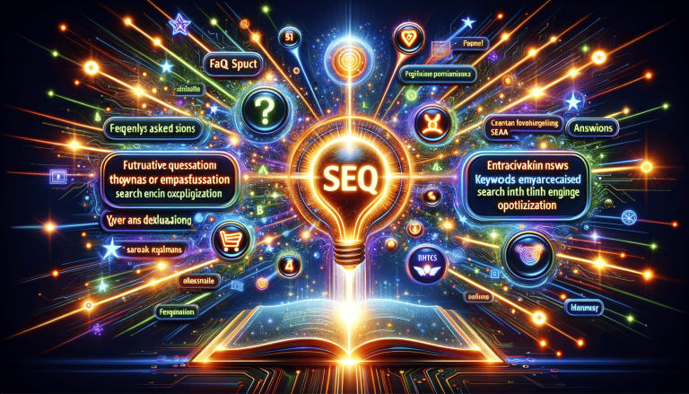 Digital SEO lightbulb above open book, radiating glowing information streams.