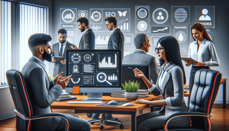 Professionals analysing data visualisations and SEO in a modern office.