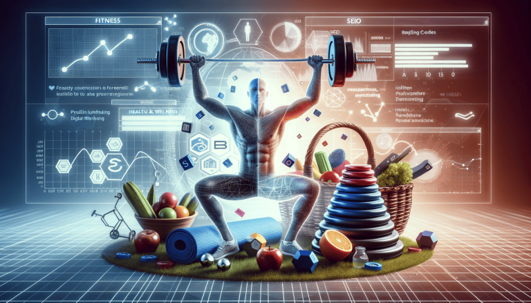Digital fitness concept with human, barbell, healthy food, and data displays.