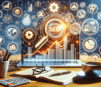 SEO concept with charts and technology icons.