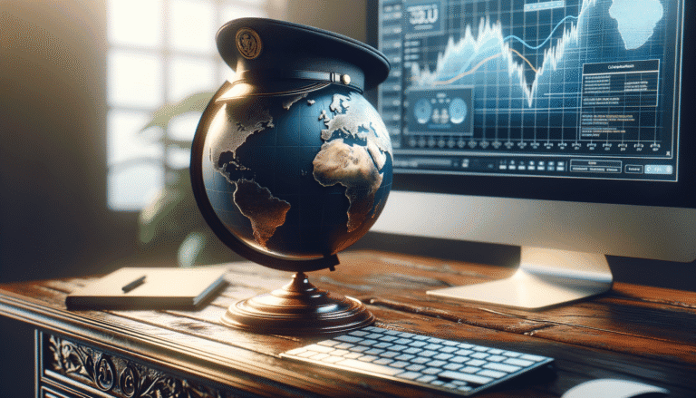 Globe wearing military cap on wooden desk with computer showing charts.