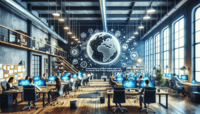 Modern office with globe hologram, people working on computers.