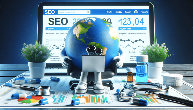 Animated globe character analysing SEO data on laptop with medical tools.
