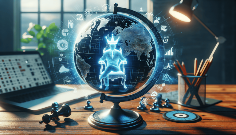 Digital king on glowing globe surrounded by business data icons.