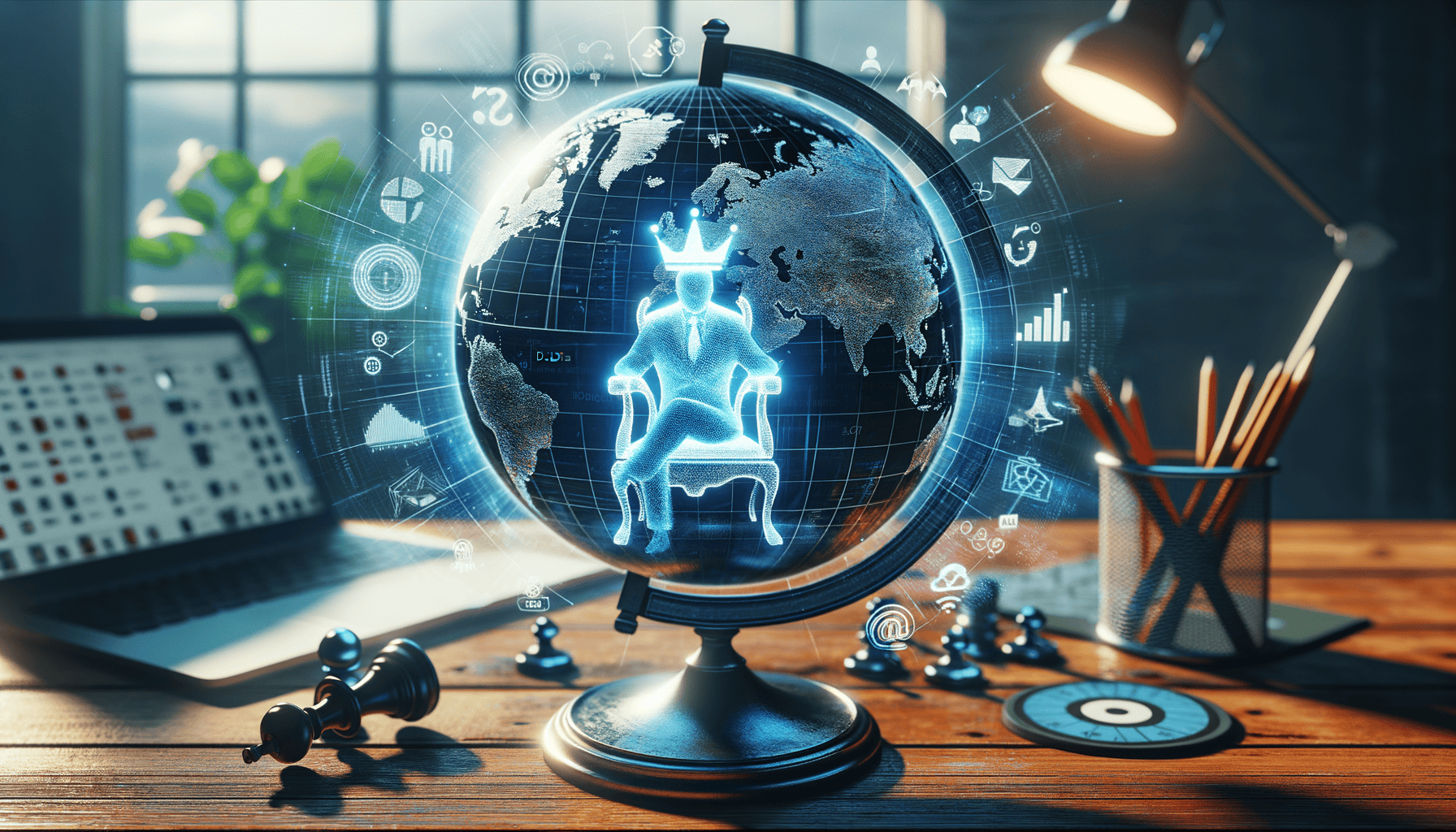 Digital king on globe surrounded by icons and laptop.