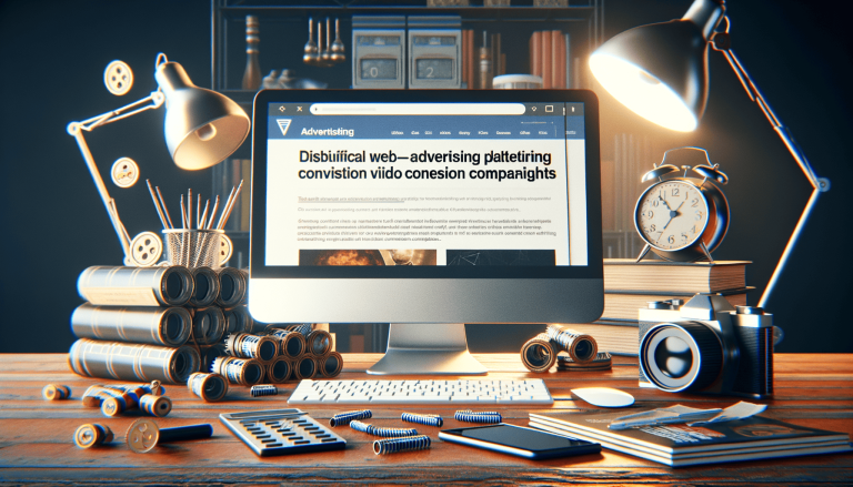Desktop computer displaying advertising content amidst creative work items.
